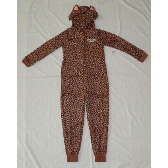 NEW One-Piece Pajamas M (8) Blanket Sleeper Union Suit Hooded Cheetah Fleece - Picture 2 of 6